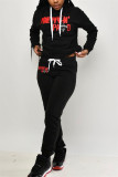 Black Fashion Casual Letter Print Hooded Collar Long Sleeve Two Pieces
