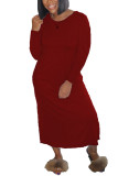 Wine Red Polyester Fashion Casual adult Ma'am Cap Sleeve Long Sleeves O neck Step Skirt Ankle-Length Solid Dresses