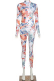 Blue Sportswear Print Without Belt O Neck Regular Jumpsuits
