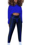 Royal blue Fashion Sexy Adult Polyester Patchwork Solid Split Joint O Neck Long Sleeve Regular Sleeve Regular Two Pieces