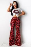 Red Polyester Fashion Casual adult Leopard Lips Print Print Loose Short Sleeve