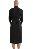 Black Casual Shirt sleeves Long Sleeves Notched Step Skirt Mid-Calf Patchwork Solid