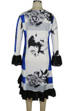 Blue Sexy Ruffled Sleeve Long Sleeves O neck A leaf skirt Knee-Length ruffle Patchwork Print