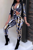 Red Sexy Print Bandage Turndown Collar Three Quarter Two Pieces