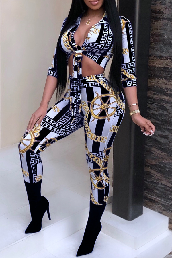 Black Sexy Print Bandage Turndown Collar Three Quarter Two Pieces