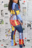 multicolor Fashion Sexy Adult Print Patchwork Turndown Collar Skinny Jumpsuits