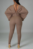 Grey Sexy Elegant Solid Fold V Neck Regular Jumpsuits