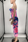 Multicolor Fashion Sexy Print Hollowed Out Backless One Shoulder Sleeveless Dress