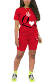 Red Polyester Fashion Active adult Ma'am Print Two Piece Suits pencil Short Sleeve Two Pieces