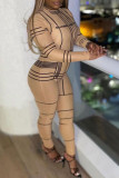 Gold Sexy Letter Plaid Print Zipper O Neck Regular Jumpsuits