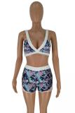 Blue Polyester Active Fashion backless Slim fit Print crop top asymmetrical Floral Two Piece Suits Regula