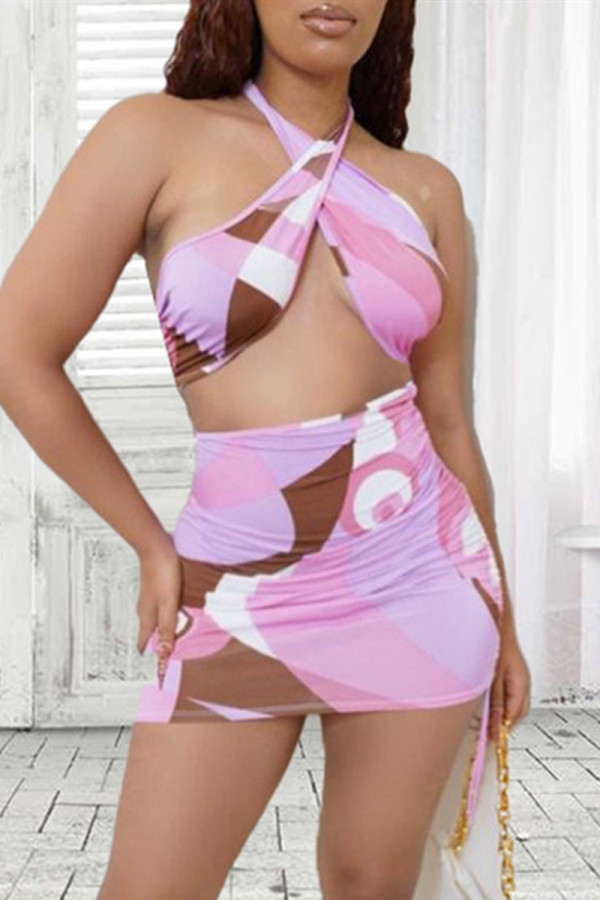 Multicolor Fashion Sexy Print Backless Halter Sleeveless Two Pieces