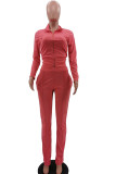 Pink Cotton Blends Solid Zippered Straight Long Sleeve Two Pieces