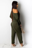 Army Green Casual Fashion Solid Polyester Long Sleeve one word collar Jumpsuits