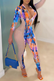 Rose Red Sexy Patchwork Tie-dye Zipper Collar Skinny Jumpsuits