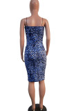 Blue Polyester Fashion Casual adult Ma'am Spaghetti Strap Sleeveless Slip Pencil Dress Knee-Length Print Leopard Dresses