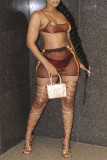 Dark Brown Fashion Sexy Solid See-through Backless Strap Design Spaghetti Strap Sleeveless Two Pieces