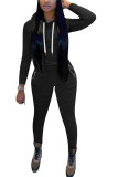 Black Polyester Fashion Sexy adult Ma'am Patchwork Solid Two Piece Suits Straight Long Sleeve Two Pieces