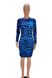 Blue Casual Long Sleeves Step Skirt Mini Print Leopard Dresses