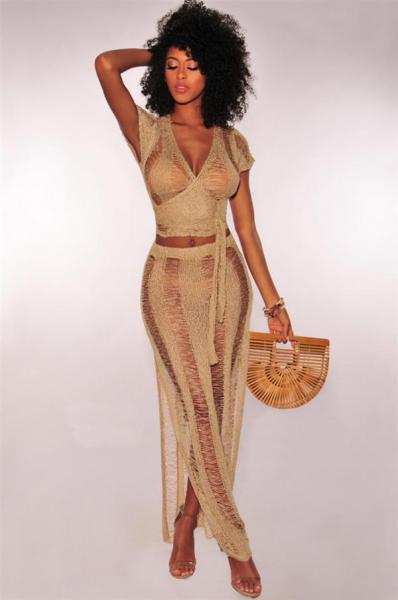 As Show camel Sexy & Club Short Sleeve Straight Two Piece Dresses
