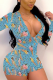 Blue Casual Print Patchwork V Neck Skinny Rompers