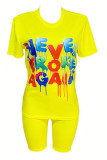 Yellow Polyester Fashion Casual adult Letter Patchwork Print Two Piece Suits Straight Short Sleeve Two Pieces