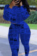 Royal blue Casual Print Split Joint O Neck Long Sleeve Two Pieces