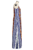 multicolor Polyester Sexy Spaghetti Strap Sleeveless V Neck Swagger Floor-Length Print Dresses