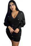 Red Fashion adult Casual Cap Sleeve Long Sleeves V Neck Step Skirt Mini Patchwork Solid Beadin