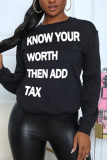 Black Fashion Casual Letter Print Basic O Neck Tops