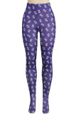 purple Elastic Fly Mid Patchwork Print perspective pencil Pants Bottoms
