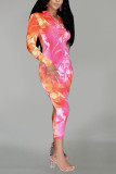 Orange and pink knitting Sexy O Neck Leopard Floral Print Tie Dye Zippered Zipper Pattern Plus Size