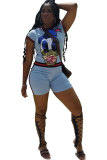 Blue Polyester Sexy Fashion Patchwork Print Sequin Straight Short Sleeve Two-Piece Short Set