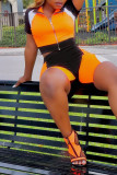 Orange Fashion Sportswear Patchwork Basic Zipper Collar Short Sleeve Two Pieces