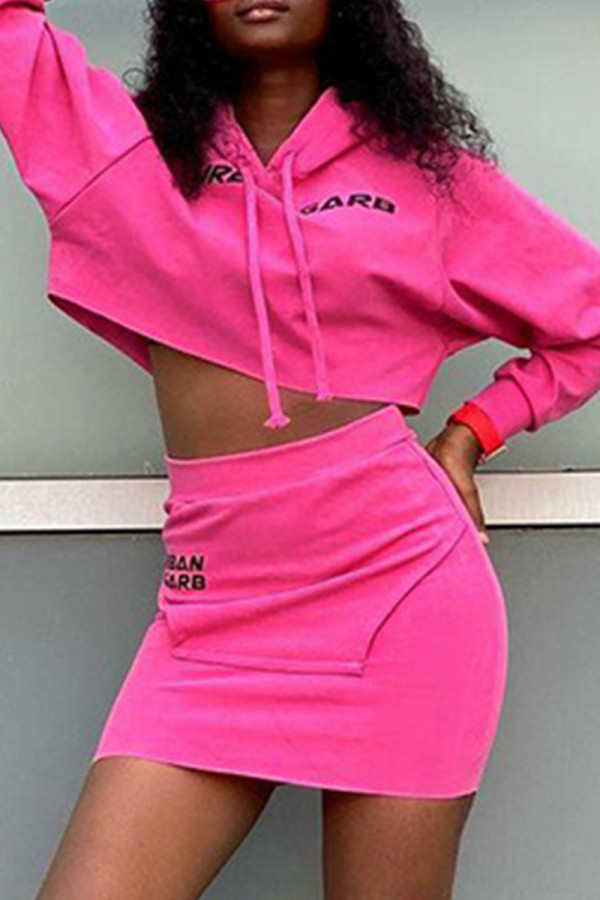 Rose Red Casual Print Solid Hooded Collar Long Sleeve Two Pieces