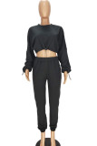 Black Fashion Sexy Adult Polyester Solid Split Joint O Neck Long Sleeve Regular Sleeve Short Two Pieces
