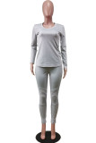 Grey Fashion Sportswear Adult Polyester Solid Split Joint V Neck Long Sleeve Regular Sleeve Regular Two Pieces