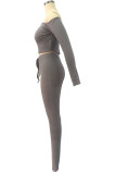 Grey Fashion Sexy Adult Polyester Solid Split Joint Bateau Neck Long Sleeve Regular Sleeve Short Two Pieces