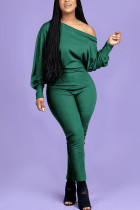 Green Fashion Casual Adult Polyester Solid One Shoulder Skinny Jumpsuits