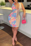Pink Fashion Sexy Print Patchwork See-through Zipper Collar Sleeveless Dress