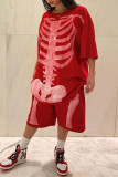 Red Fashion Casual Print Basic O Neck Half Sleeve Two Pieces
