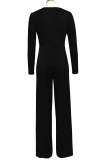 Black Elastic Fly Long Sleeve Mid Solid Patchwork Skinny Pants Jumpsuits & Rompers