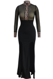 Blue Sexy Print High Opening Mesh O Neck Irregular Dress Dresses
