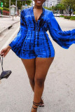 Blue Fashion Casual Print Basic V Neck Regular Long Sleeve Romper