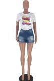 White O Neck Short Sleeve Print Patchwork 
