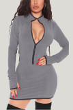 Pink Daily Solid Patchwork Zipper Collar Wrapped Skirt Dresses