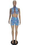 Water Blue Sexy Print Patchwork Turndown Collar Sleeveless Two Pieces