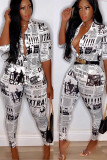 White Polyester Fashion Sexy Slim fit Two Piece Suits Geometric Letter asymmetrical Print Skinny Half Slee