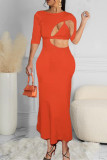 Orange Fashion Sexy Solid Hollowed Out O Neck Short Sleeve Dress