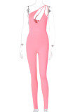 Pink Fashion Sexy Solid Hollowed Out Oblique Collar Skinny Jumpsuits